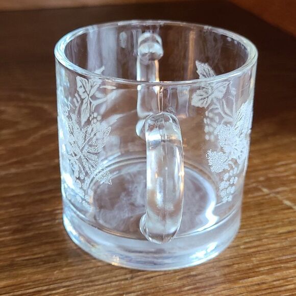 Vintage 50s Clear Glass Sugar Bowl Acid Etched With Grapes, Vine And Leaf Design - Picture 4 of 13